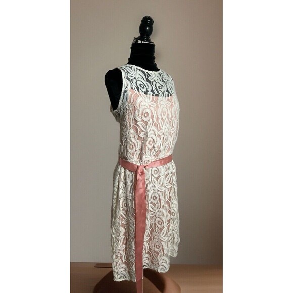 Sienastudio Lace Overlay A Line Dress Peach Under With Ribbon Sash. Size 16 New - Picture 2 of 11